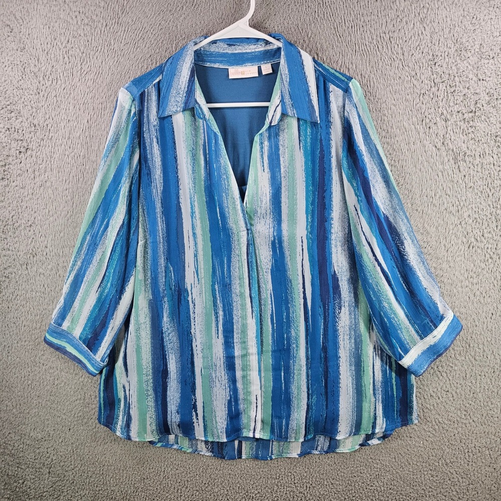 Belle by Kim Gravel Blue Green Striped Split Neck Blouse Lined Tunic Top Large